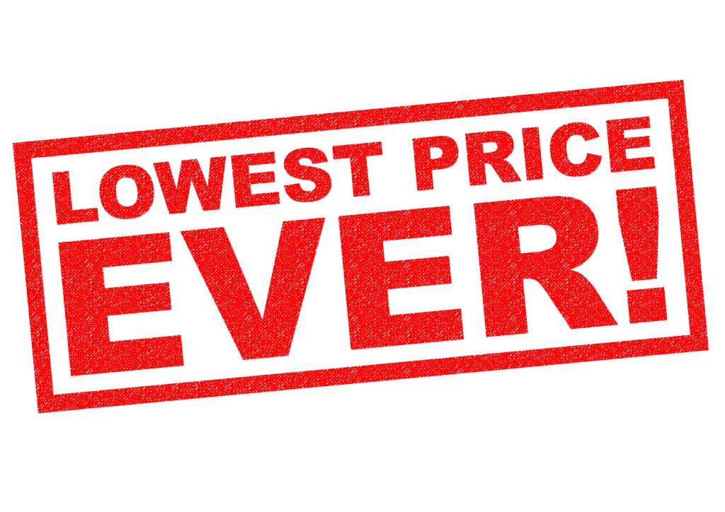 LOWEST PRICE EVER! red type and border on white background